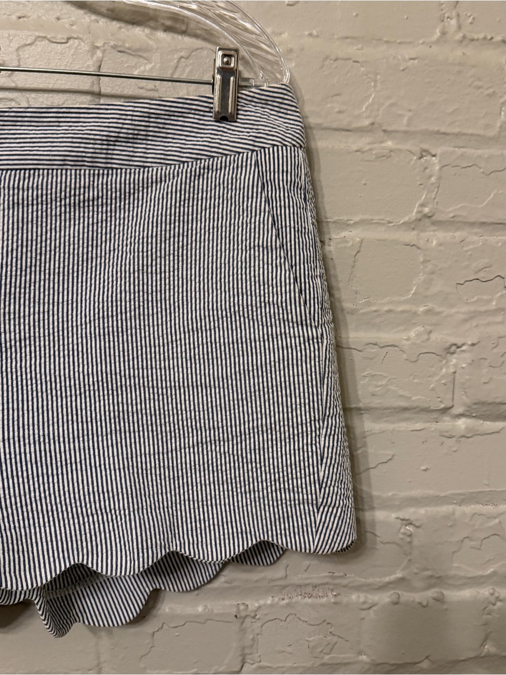 British Khaki Striped Seersucker Scalloped Hem Shorts - Picture 3 of 6